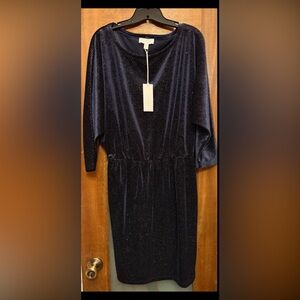 The White Company London Navy Velvet Sparkle Bat Wing Boat Neck 3/4 Dress